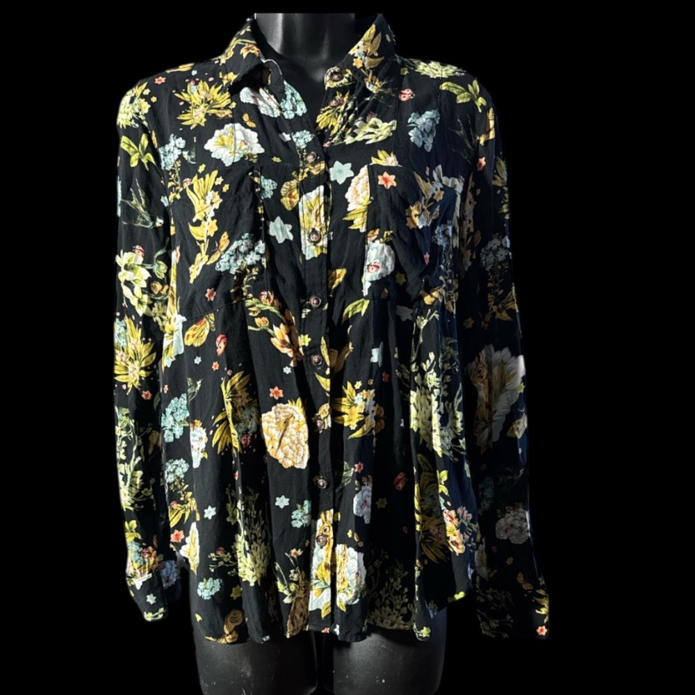 MAEVE By Anthropologie Womens Floral Print Button Down Blouse in Black - Size 10